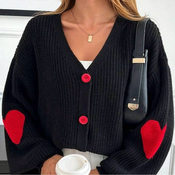 Halo & Harley Sweaters - Chic Black Cardigan with Red Heart Accents
